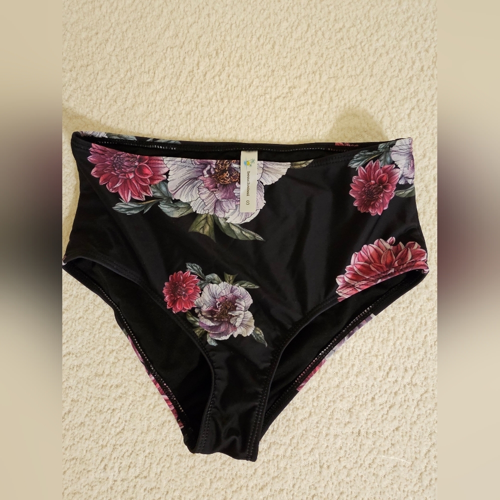 Black swim suit bottom with flowers, high wasted
